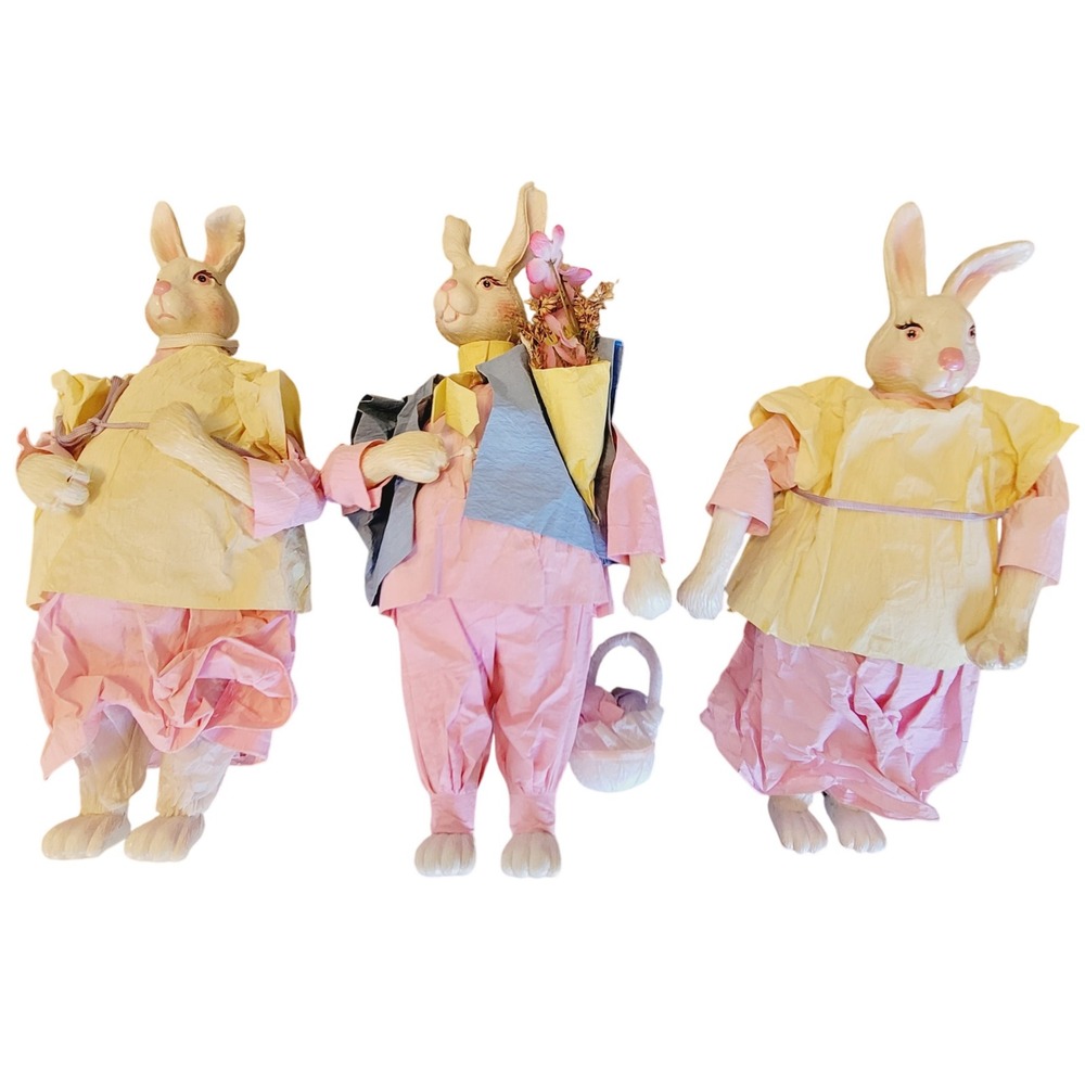 3 Silvestri Paper Mache Bunny Figurines Basket Spring Holiday Decorations Easter